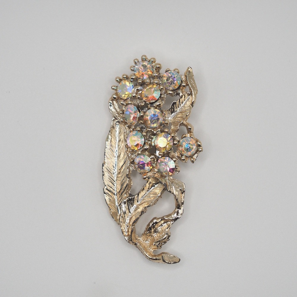 Vintage Brooch Aurora Borealis AB Rhinestone Cluster Floral Pin Gold Tone Leaf